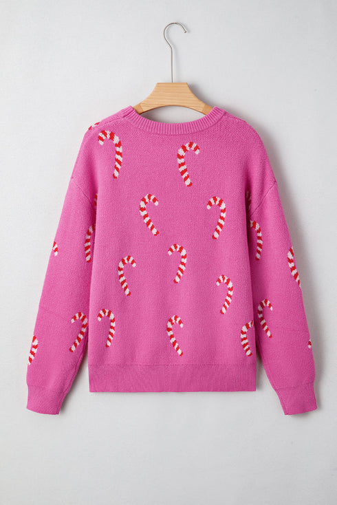 Festive Candy Cane Print Crew Neck Sweater
