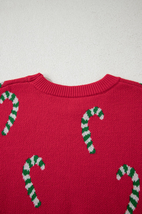 Festive Candy Cane Print Crew Neck Sweater