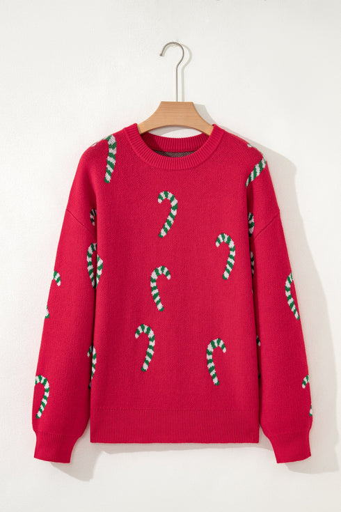 Festive Candy Cane Print Crew Neck Sweater