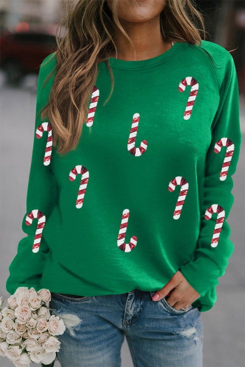 Festive Candy Cane Print Crew Neck Sweatshirt