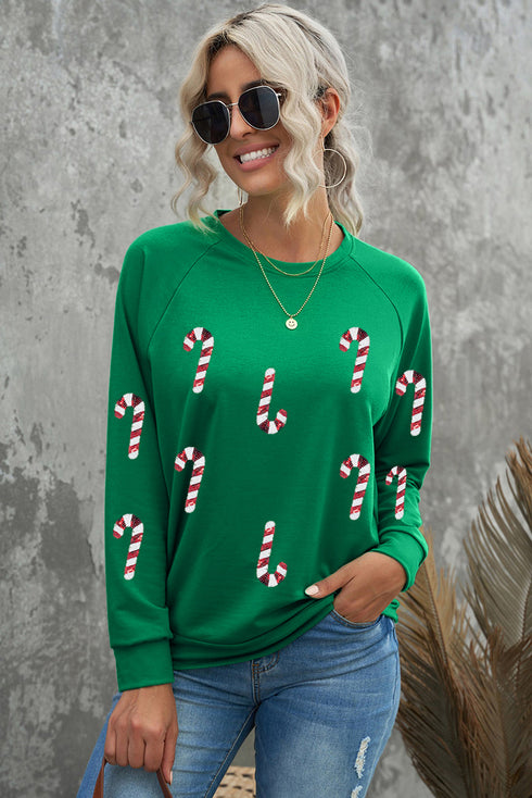Festive Candy Cane Print Crew Neck Sweatshirt