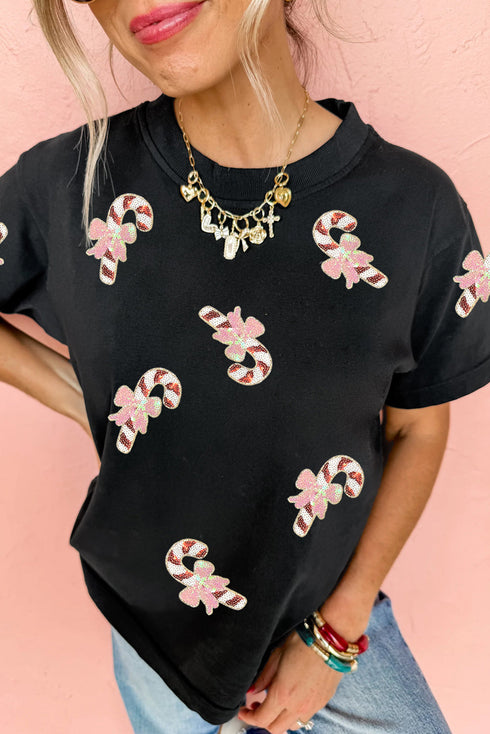 Festive Candy Cane Sequin Patch Graphic T Shirt