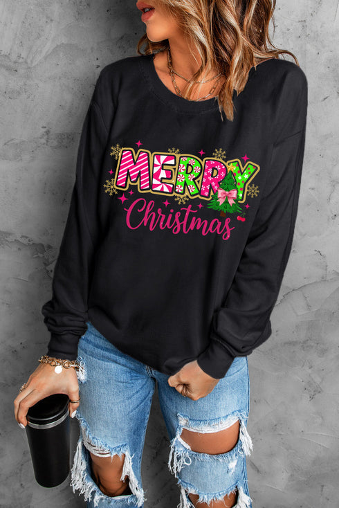 Festive Candy Stripe Graphic Holiday Crew Neck Sweatshirt