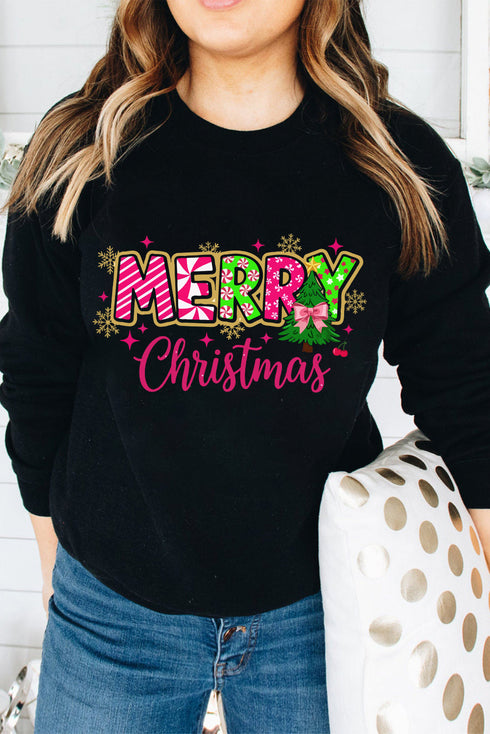 Festive Candy Stripe Graphic Holiday Crew Neck Sweatshirt