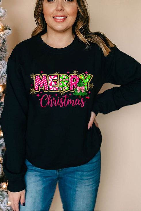 Festive Candy Stripe Graphic Holiday Crew Neck Sweatshirt