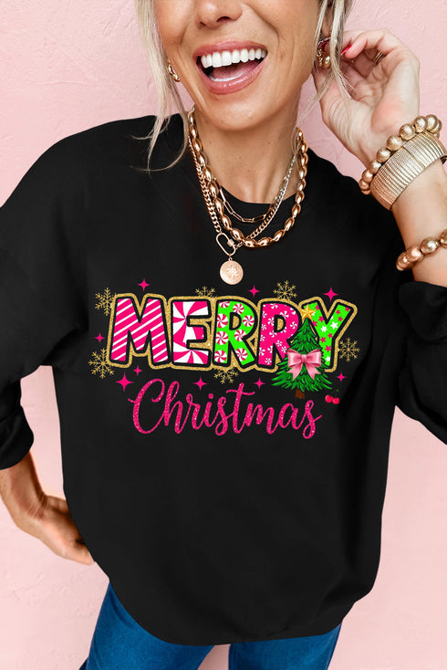 Festive Candy Stripe Graphic Holiday Crew Neck Sweatshirt