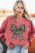 Festive Checkered Bow Graphic Corded Knit Pullover