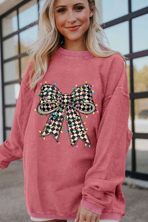 Festive Checkered Bow Graphic Corded Knit Pullover