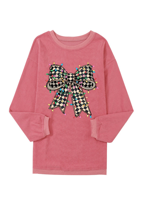 Festive Checkered Bow Graphic Corded Knit Pullover