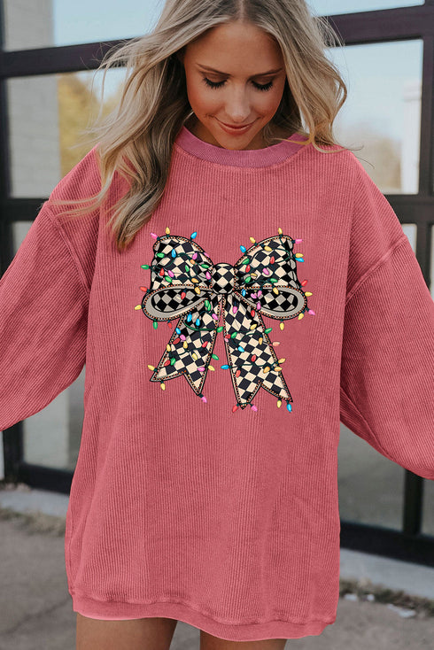Festive Checkered Bow Graphic Corded Knit Pullover