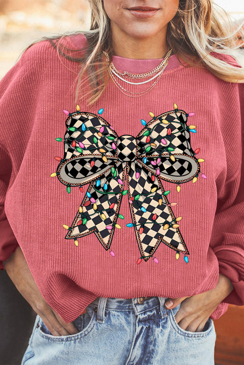 Festive Checkered Bow Graphic Corded Knit Pullover