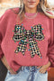 Festive Checkered Bow Graphic Corded Knit Pullover