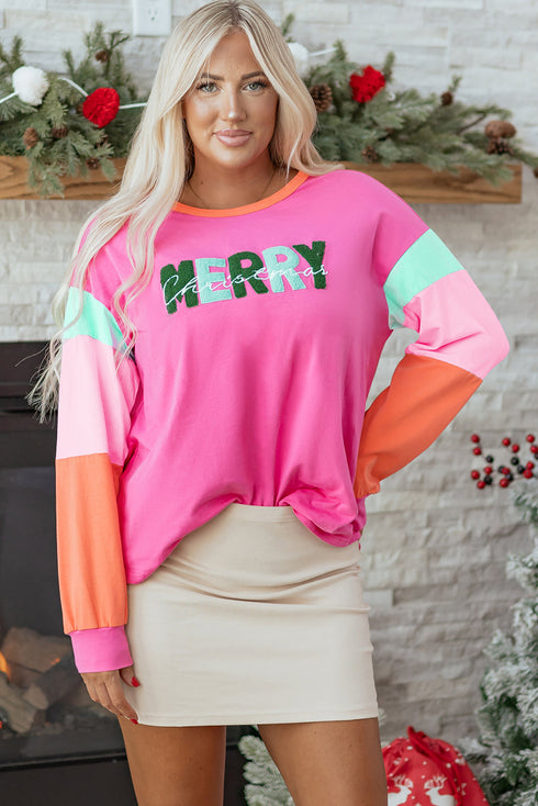 Festive Chenille Letter Patch Long Sleeve Cotton Tee