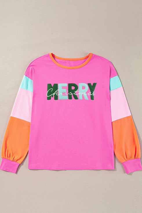 Festive Chenille Letter Patch Long Sleeve Cotton Tee
