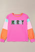 Festive Chenille Letter Patch Long Sleeve Cotton Tee