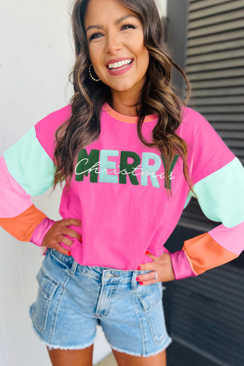 Festive Chenille Letter Patch Long Sleeve Cotton Tee
