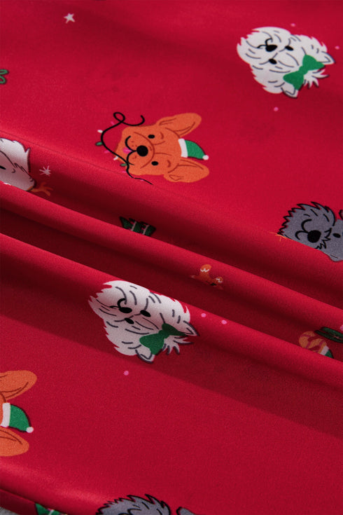 Festive Dog Print Satin Short Sleeve Two Piece Loungewear