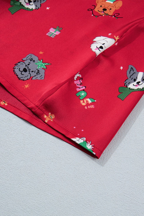 Festive Dog Print Satin Short Sleeve Two Piece Loungewear