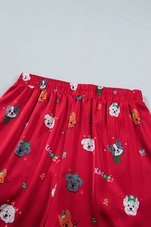 Festive Dog Print Satin Short Sleeve Two Piece Loungewear