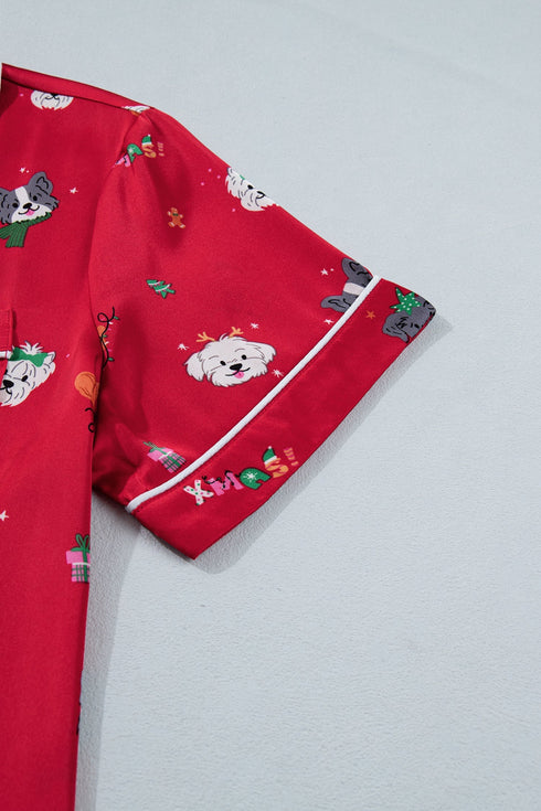 Festive Dog Print Satin Short Sleeve Two Piece Loungewear