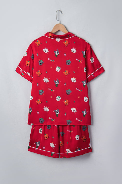 Festive Dog Print Satin Short Sleeve Two Piece Loungewear