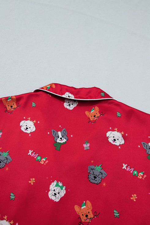 Festive Dog Print Satin Short Sleeve Two Piece Loungewear
