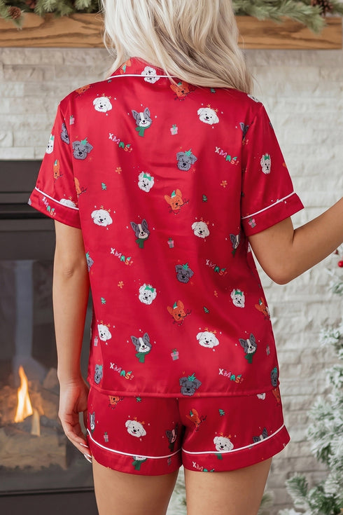 Festive Dog Print Satin Short Sleeve Two Piece Loungewear