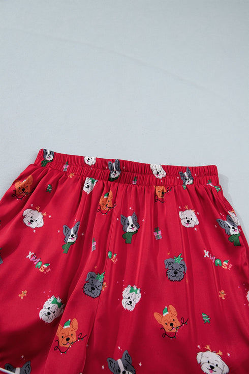 Festive Dog Print Satin Short Sleeve Two Piece Loungewear