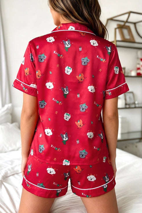 Festive Dog Print Satin Short Sleeve Two Piece Loungewear