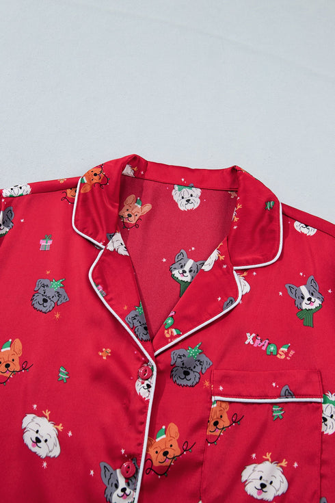 Festive Dog Print Satin Short Sleeve Two Piece Loungewear