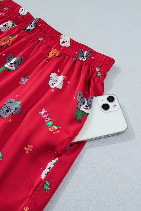 Festive Dog Print Satin Short Sleeve Two Piece Loungewear