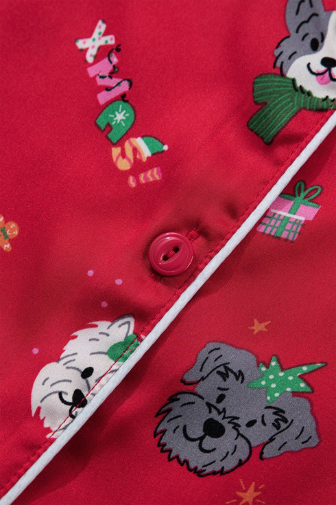 Festive Dog Print Satin Short Sleeve Two Piece Loungewear