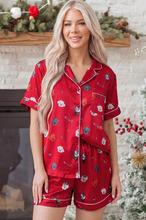 Festive Dog Print Satin Short Sleeve Two Piece Loungewear