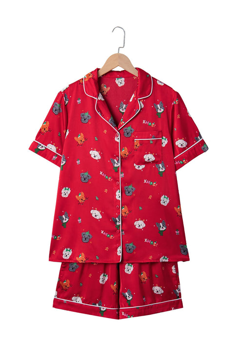 Festive Dog Print Satin Short Sleeve Two Piece Loungewear