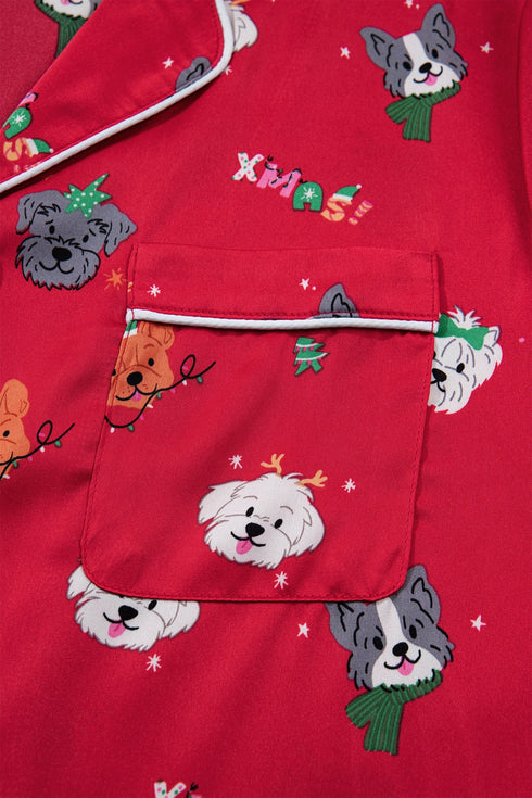 Festive Dog Print Satin Short Sleeve Two Piece Loungewear
