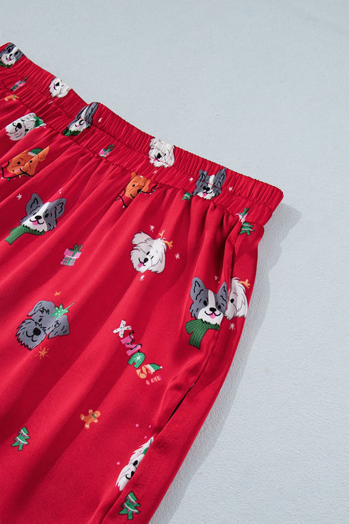 Festive Dog Print Satin Short Sleeve Two Piece Loungewear
