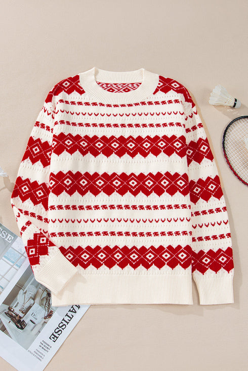 Festive Fair Isle Geometric Knit Pullover Sweater