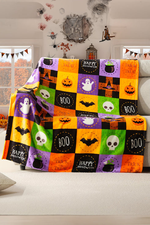 Festive Ghost And Pumpkin Checkered Flannel Fleece Blanket