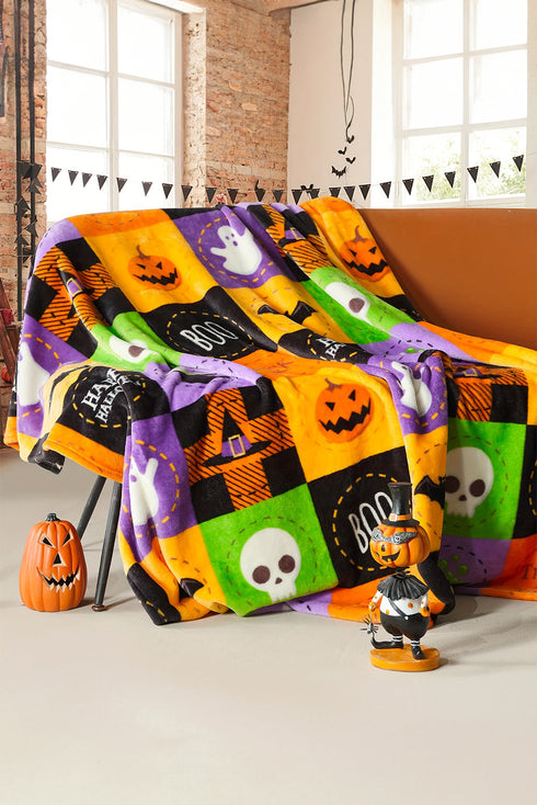 Festive Ghost And Pumpkin Checkered Flannel Fleece Blanket
