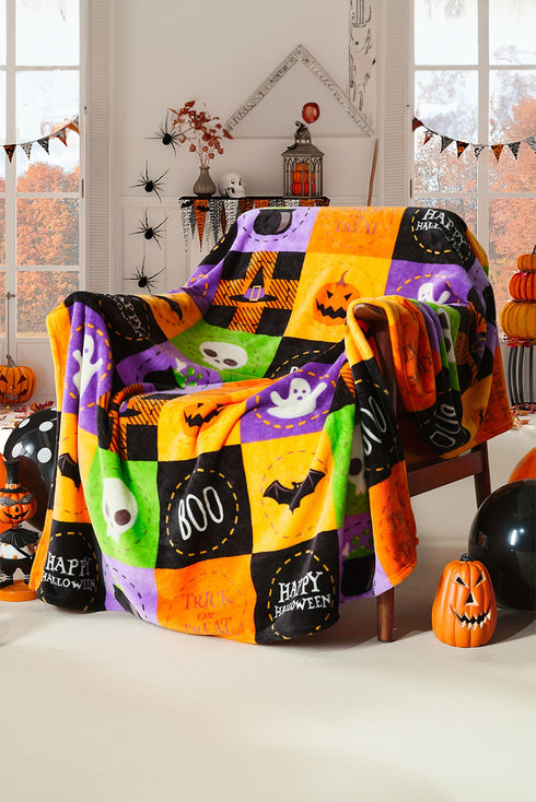 Festive Ghost And Pumpkin Checkered Flannel Fleece Blanket