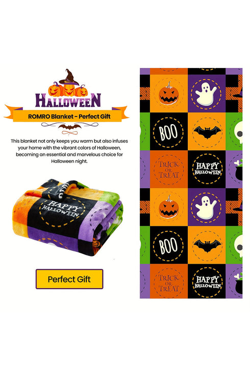 Festive Ghost And Pumpkin Checkered Flannel Fleece Blanket