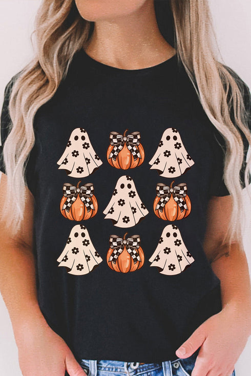 Festive Ghost And Pumpkin Graphic Rolled Cuff Tee