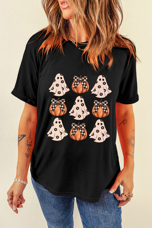 Festive Ghost And Pumpkin Graphic Rolled Cuff Tee