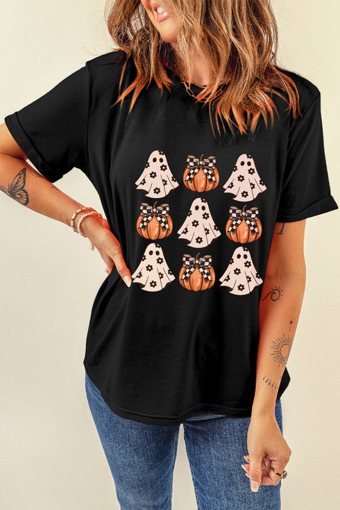 Festive Ghost And Pumpkin Graphic Rolled Cuff Tee