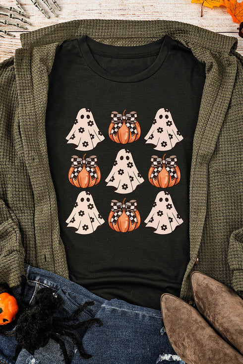Festive Ghost And Pumpkin Graphic Rolled Cuff Tee