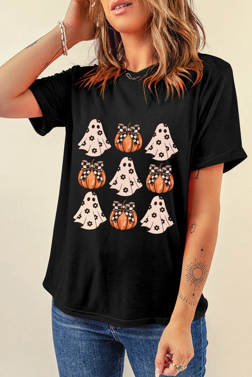 Festive Ghost And Pumpkin Graphic Rolled Cuff Tee
