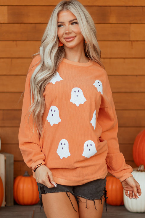 Festive Ghost Graphic Corded Texture Pullover Sweatshirt