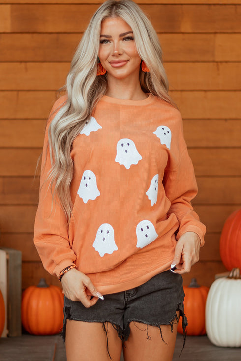 Festive Ghost Graphic Corded Texture Pullover Sweatshirt