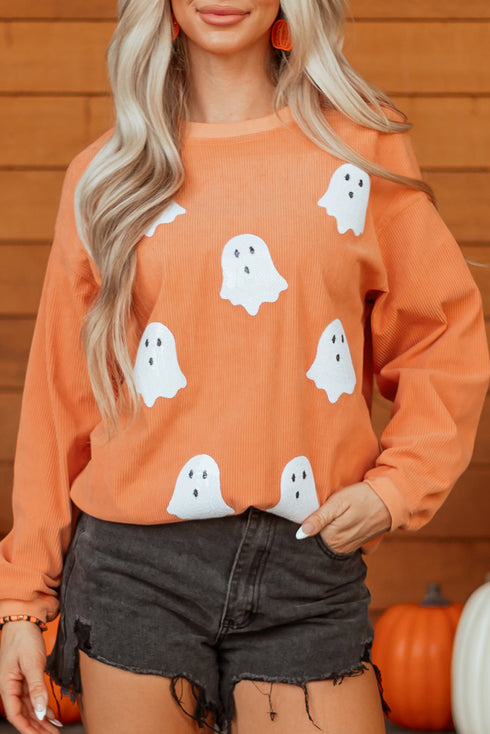 Festive Ghost Graphic Corded Texture Pullover Sweatshirt