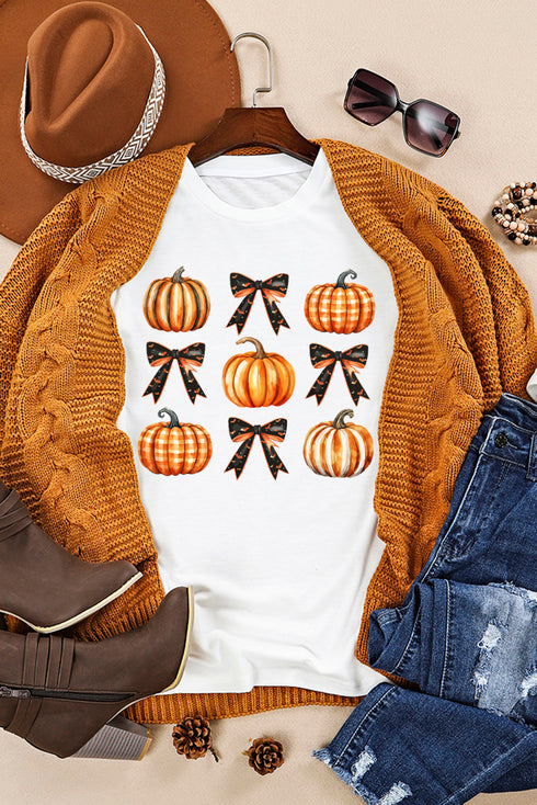 Festive Halloween Pumpkin Bow Knot Crew Neck Tee